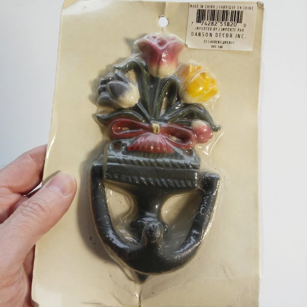 Vintage Cast Iron Flower Tulips Door Knocker green blue red yellow NEW OLD STOCK - Picture 3 of 3